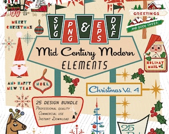 Christmas Vol 4  | Mid-Century Modern 25 Design Elements | Retro Clipart | Santa, Train, SVG PNG EPS Bundle, 1950s Atomic for Commercial Use