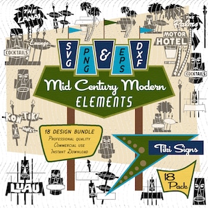 Tiki Signs | Mid-Century Modern 18 Design Elements | Retro Clip art | SVG PNG Bundle, 1950s 1960s Tiki Bar Vintage Atomic |Commercial Use
