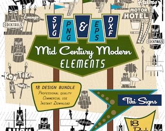 Tiki Signs | Mid-Century Modern 18 Design Elements | Retro Clip art | SVG PNG Bundle, 1950s 1960s Tiki Bar Vintage Atomic |Commercial Use