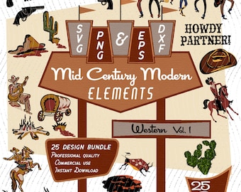Western Design Elements Vol 1 | Mid-Century Modern 25 item Bundle, 1950s 1960s Retro Cowboy Wild West