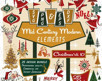 May include: A set of 25 Mid Century Modern Christmas clip art elements in a retro style. The set includes a variety of images, such as Santa Claus, reindeer, Christmas trees, ornaments, and more. The images are in a vintage color palette of red, green, and gold.