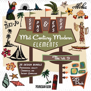 May include: A digital illustration of a 25-pack design bundle of mid-century modern tiki elements. The illustration features a green sign with the text "Mid Century Modern Elements" and a brown sign with the text "Tiki Vol. 3". The illustration also features a variety of tiki-themed elements, including a sailboat, a palm tree, a tiki idol, and a flower.