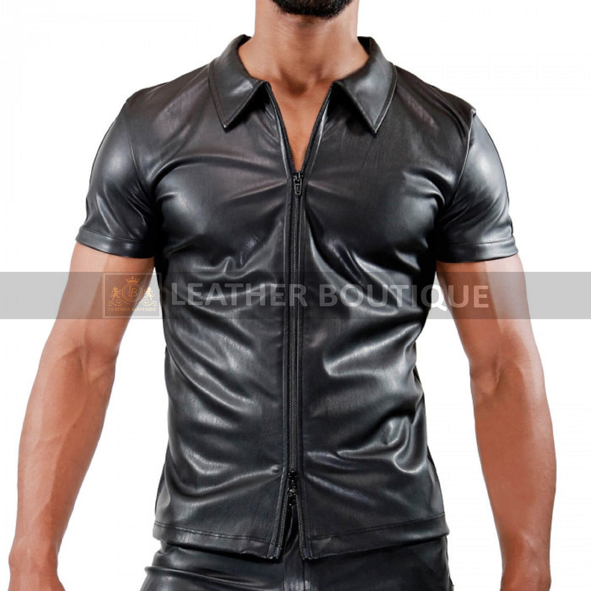 Men Black Leather T-shirt Slim Fit 