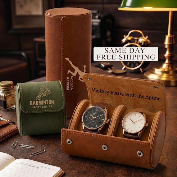 A sport-themed leather watch case with custom engraving — a genuinely thoughtful presentation piece for a coach or athlete who actually wears watches.