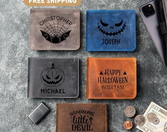 Personalized Leather Wallet | Custom Engraved Halloween Gift for Him | Pumpkin, Bat & Spooky Design Men's Wallet