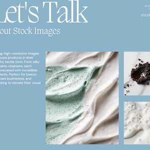 May include: A light blue background with the text "Let's Talk about Stock Images." The image features close-ups of skincare products, including white and green creams, and a dark brown substance.