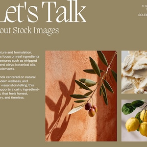 K&ouml;nnte beinhalten: Werbebild mit dem Text &bdquo;Let's Talk about Stock Images&ldquo;. Es zeigt einen Zweig mit Oliven, Zitronen und eine Nahaufnahme einer cremeartigen Substanz. Der Hintergrund ist in einem warmen, erdigen Ton gehalten.