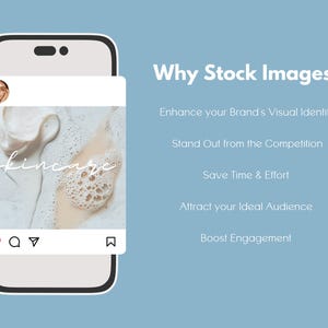 May include: A smartphone mockup displays a skincare product advertisement. The image features a close-up of skincare products with the word "skincare" in cursive. Text on the right side reads "Why Stock Images?" and lists benefits like enhancing brand identity.