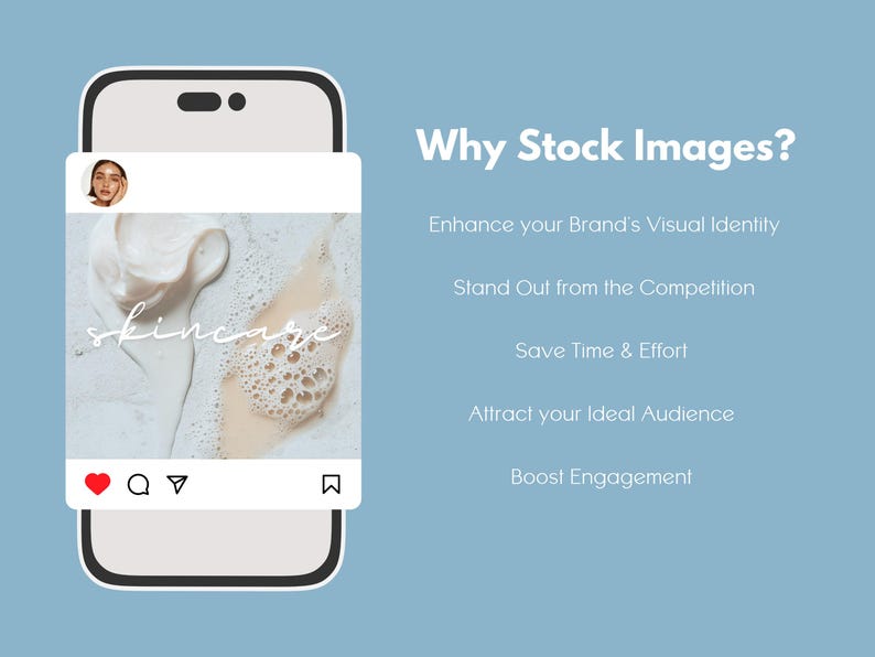 May include: A smartphone mockup displays a skincare product advertisement. The image features a close-up of skincare products with the word "skincare" in cursive. Text on the right side reads "Why Stock Images?" and lists benefits like enhancing brand identity.