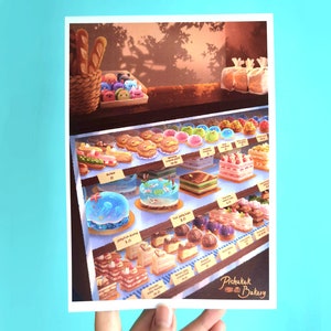 Impression de carte postale de boulangerie de présentoir de gâteau