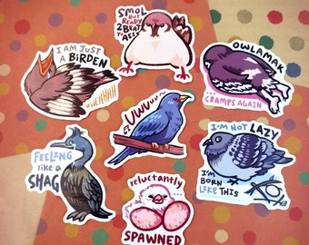 Könnte beinhalten: Ein Set aus zehn bunten Aufklebern mit verschiedenen Vogel-Illustrationen und humorvollen Texten. Die Aufkleber beinhalten einen blauen Vogel mit dem Text "Uwu", einen braunen Vogel mit dem Text "Ich bin nur ein Vogel", einen grauen Vogel mit dem Text "Smol, aber bereit, yass zu schlagen", einen violetten Vogel mit dem Text "Owlamak, wieder Krämpfe", einen grauen Vogel mit dem Text "Ich bin nicht faul, ich bin so geboren", einen braunen Vogel mit dem Text "Fühle mich wie ein Shag", und einen rosa Vogel mit dem Text "Reluctantly spawned".