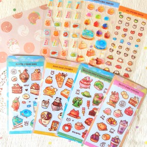 Pasteles, pan y postres, panadería, hojas de pegatinas transparentes / Conejito, rana, pato, panda, pez, ornitorrinco