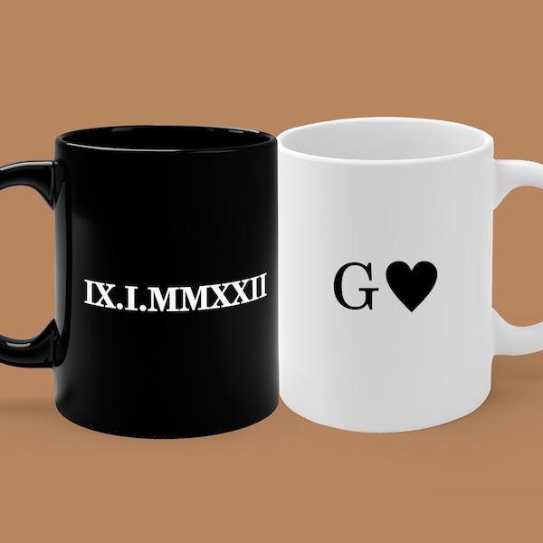 Custom Roman Numeral Mug with Personalized Initial Letter, Special Date Mug, GF BF Couple Anniversary Gift, Couples Dates, Custom Fiance Mug