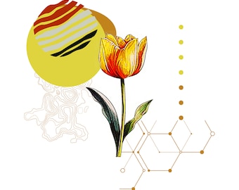 Impression d'art tulipe dorée : illustration botanique géométrique abstraite (téléchargement numérique)