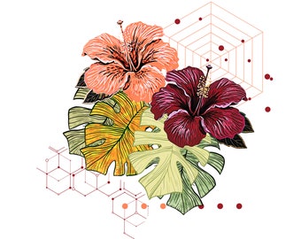 Tropical Hibiscus and Monstera Print – Vibrant Floral Wall Art. Botanical Digital Download for Modern Home or Office Decor.