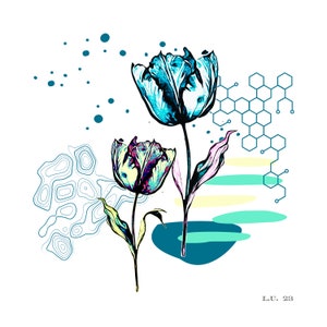 Abstract Tulip Art – Blue and Purple Floral Wall Print with Geometric Design. Modern Botanical Digital Download for Home Decor.