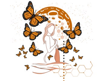 Butterfly Goddess Art – Ethereal Female Silhouette with Monarch Butterflies. Digital Wall Print for Modern Home Decor.