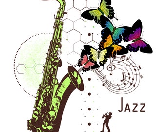 Jazz Saxophone Art – Vibrant Musical Wall Print with Butterflies and Geometric Accents. Digital Download for Music Lovers and Home Decor.