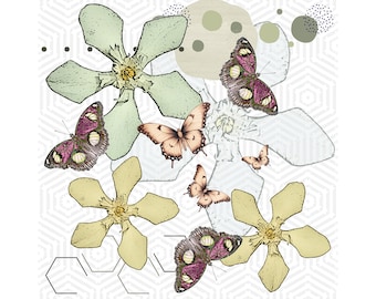 Butterfly and Floral Art – Abstract Nature Wall Print. Delicate Beige Flower Digital Download for Home or Office Decor.