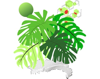Monstera Leaf Print: Green Tropical Jungle Art, Geometric Accents (Digital Download)