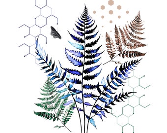 Abstract Fern Botanical Art – Blue and Brown Fern Wall Print with Geometric Accents. Digital Nature Download for Home Decor.