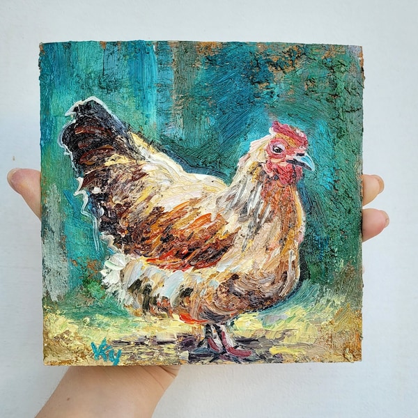 Pollo pittura fattoria animale pittura originale Impasto pittura 6x6 Agriturismo Decor paese pittura gallo pittura uccello arte cucina arte