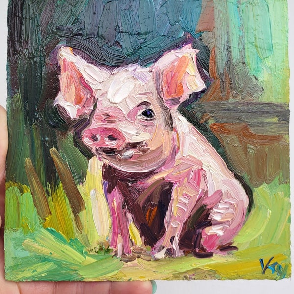 Pig Painting Farm Animals Painting Original Artwork Impasto Oil Painting 6x6 Piglet Painting Farmhouse Decor Farm Animal Art Pig Lover Gift