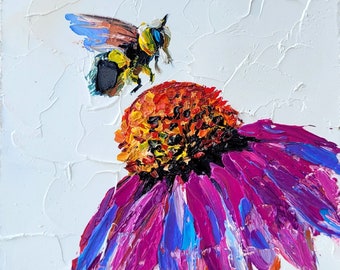 Honey Bee Painting Coneflower Painting Original Art Impasto Oil Painting Echinacea Painting Daisy Painting Bumble Bee Painting Flower Art