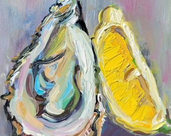 Oyster Painting Shell Original Art Oil Painting 5x7 Lemon Painting Coastal Artwork Beach House Decor Kitchen Art Painting by VikentyArt