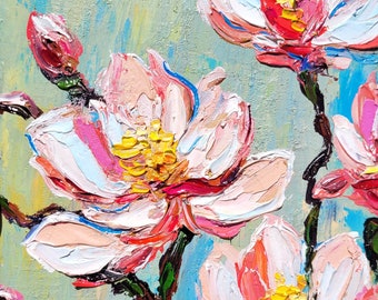 Magnolia Painting Flower Painting Original Impasto Oil Painting 5x7 Small Painting Gift for Her Birth Month Flower Wall Art by VikentyArt