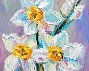 Narcis schilderij bloem schilderij originele Impasto olieverfschilderij 5 x 7 Narcissus schilderij geboorte maand bloem lente bloem maart geboorte bloem