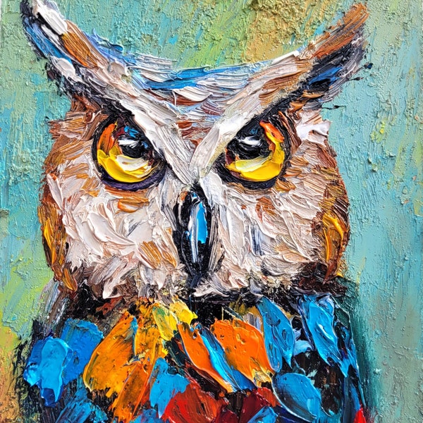 Owl Painting Wildlife Painting Original Impasto Oil Painting 5x7 Animal Painting Bird Portrait Owl Portrait Palette Knife Art Hand Painted