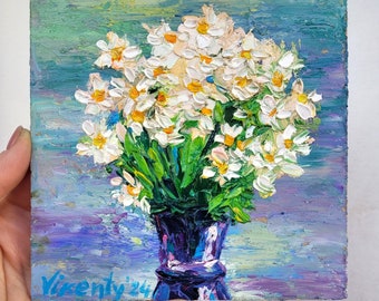 Daisy Painting Flower Painting Original Impasto Oil Painting 6x6 Wildflowers Painting Bouquet Painting Floral Wall Art Flower Vase Painting