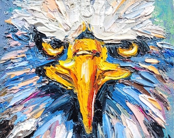 Weißkopfseeadler-Gemälde, Raubvögel, Original-Kunst, pastoses Ölgemälde, 5 x 7, Nationalvogel, amerikanischer Adler, Adler, Tiere, Kunst, USA, Symbole, Wandkunst