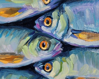 Sardine Painting Fish Painting Original Oil Painting Still Life Painting Food Painting Fish Artwork Kitchen Art Seafood Art by VikentyArt