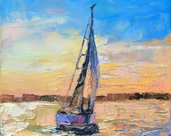 Voilier peinture paysage marin peinture empâtement original peinture à l'huile sur toile 6 x 8 coucher de soleil peinture yacht peinture Art nautique peinture côtière