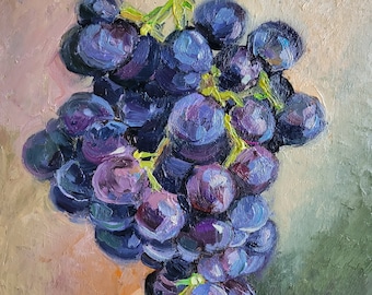 Grape Painting Fruit Painting Original Art Impasto Oil Painting 7x9 Food Painting Still Life Painting Kitchen Art Painting by VikentyArt