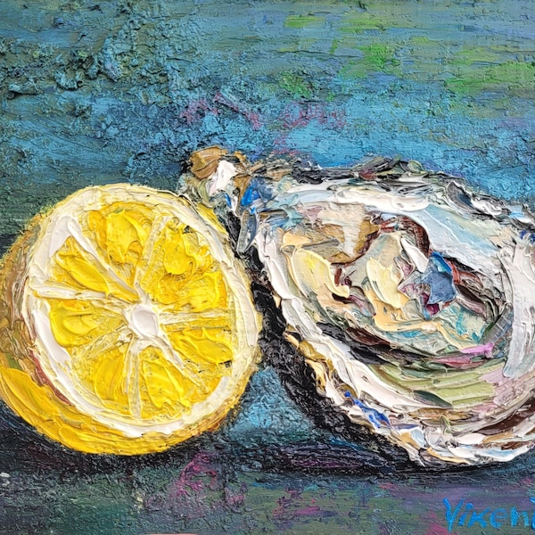 Peinture à l'huile de coquille d'huître d'art originale d'empâtement 6 x 8 citron, peinture d'art de fruits de mer, oeuvre d'art côtière, art de cuisine d'huîtres, art culinaire