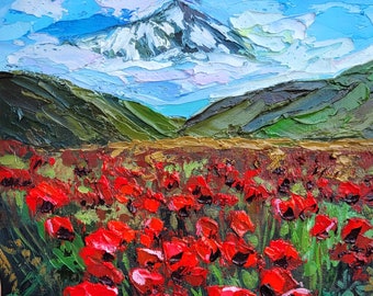 Poppies Field Painting Mountain Wall Art Original Impasto Oil Painting on Canvas 8x8 Landscape Painting Wildflower Painting Meadow Painting