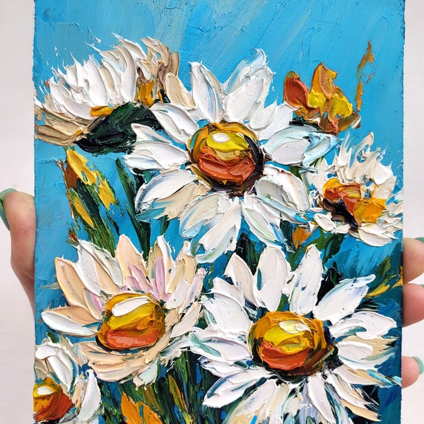 Daisy Painting Flower Original Art Impasto Oil Painting 5x7 Blossom Painting Wildflowers Painting Floral Wall Art Small Painting