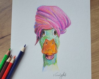 Duck Drawing Making Herself Beautiful Farm Animal Original Colored Pencil Drawing Funny Duck Duck Illustration Duck Sketch Duck Art Bird Art