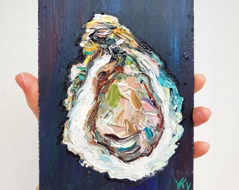 Oyster Painting Shell Original Art Impasto Oil Painting 5x7 Seafood Art Coastal Artwork Oyster Shell Wall Art Kitchen Wall Art by VikentyArt