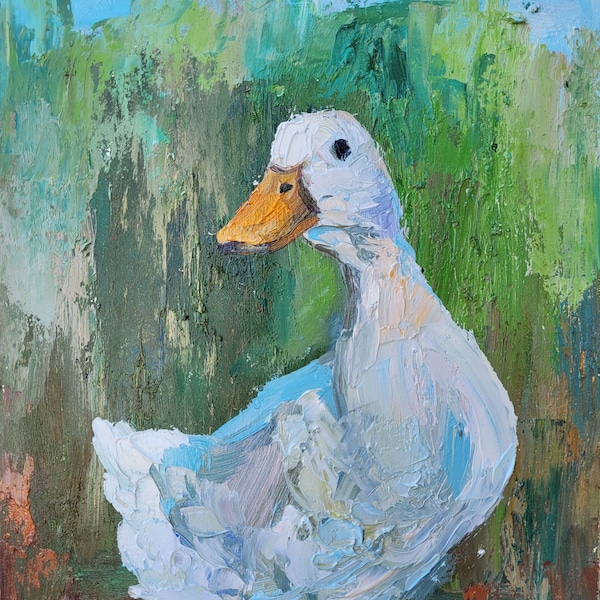 White Duck Goose Oil Painting Original Bird Art Impasto Oil Painting Artwork Birds Duck Painting Duck Art Farm Animal Painting by VikentyArt