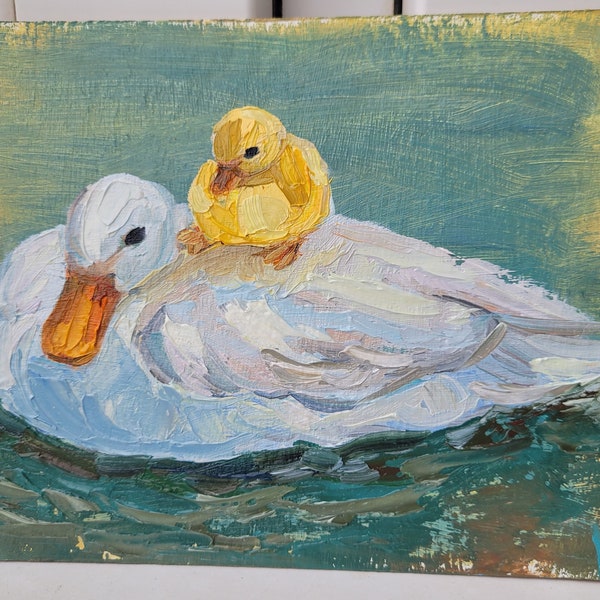 Duck and Duckling Painting Farm Animals Art Original Bird Art Family Portrait Goose Oil Painting Small Artwork White Duck Painting Baby Duck