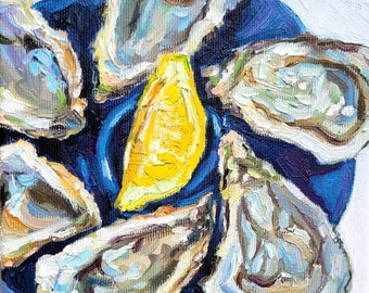 Oysters Painting Shell Original Art Oil Painting on Canvas 7x7 Lemon Painting Coastal Artwork Oyster Shell Wall Art Kitchen Art Oyster Art