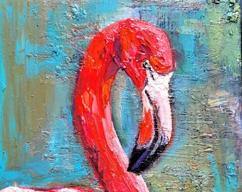 Flamingo Painting Wildlife Painting Original Art Impasto Oil Painting 7x9 Tropical Bird Art Animal Painting Gift For Her by VikentyArt