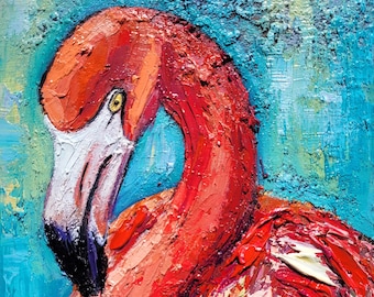 Peinture flamant rose oiseau tropical original empâtement peinture à l'huile 7 x 9 faune peinture peinture animalière art flamant rose art mural flamant rose