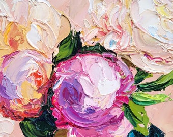 Peinture à l'huile pivoine fleur peinture originale empâtement peinture à l'huile 6 x 8 Art mural floral pivoines roses mois de naissance fleur floral nature morte