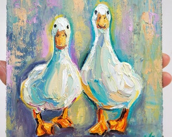 Friendship Duck Painting White Ducks Original Art Impasto Oil Painting 6x6 Goose Painting Couple Friend Painting Farm Animals Bird Artwork