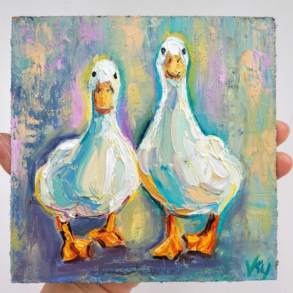Friendship Duck Painting White Ducks Original Art Impasto Oil Painting 6x6 Goose Painting Couple Friend Painting Farm Animals Bird Artwork